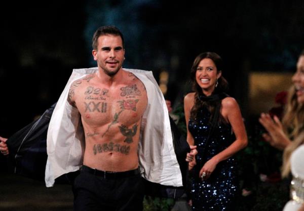 Josh Seiter with tattoos on chest, and Kaitlyn Bristowe walking during the first night of 'The Bachelorette' 2015 season.